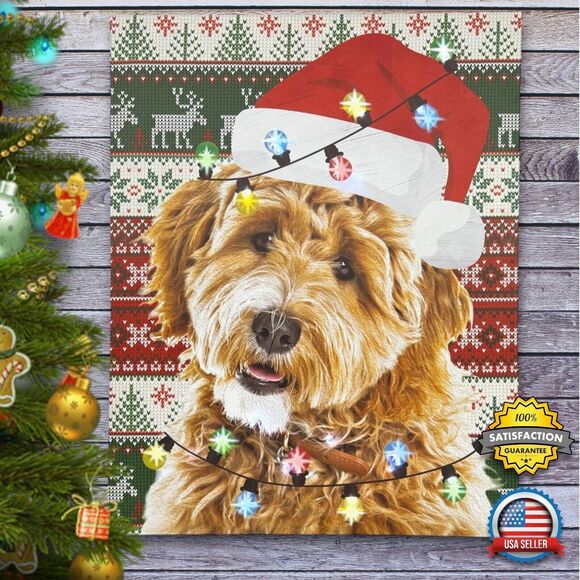 LED Christmas Dog Labradoodle Light-Up Canvas Picture Wall Art Decor 15x19" - Picture 1 of 13